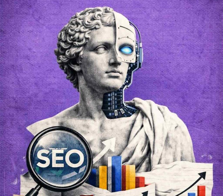 Ilustração sobre marketing digital 360 com SEO e gráficos de crescimento.